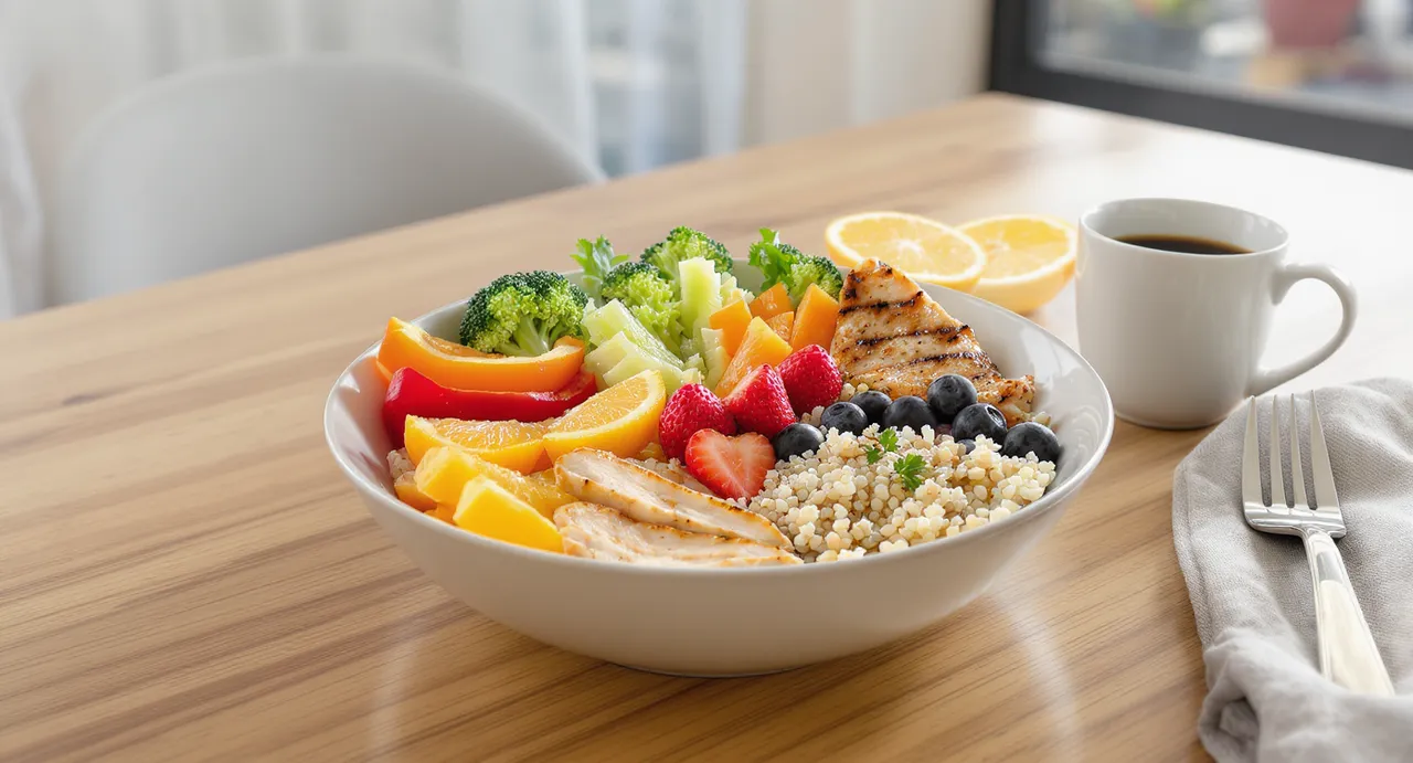 Repas équilibré avec fruits, légumes et protéines pour santé durable
