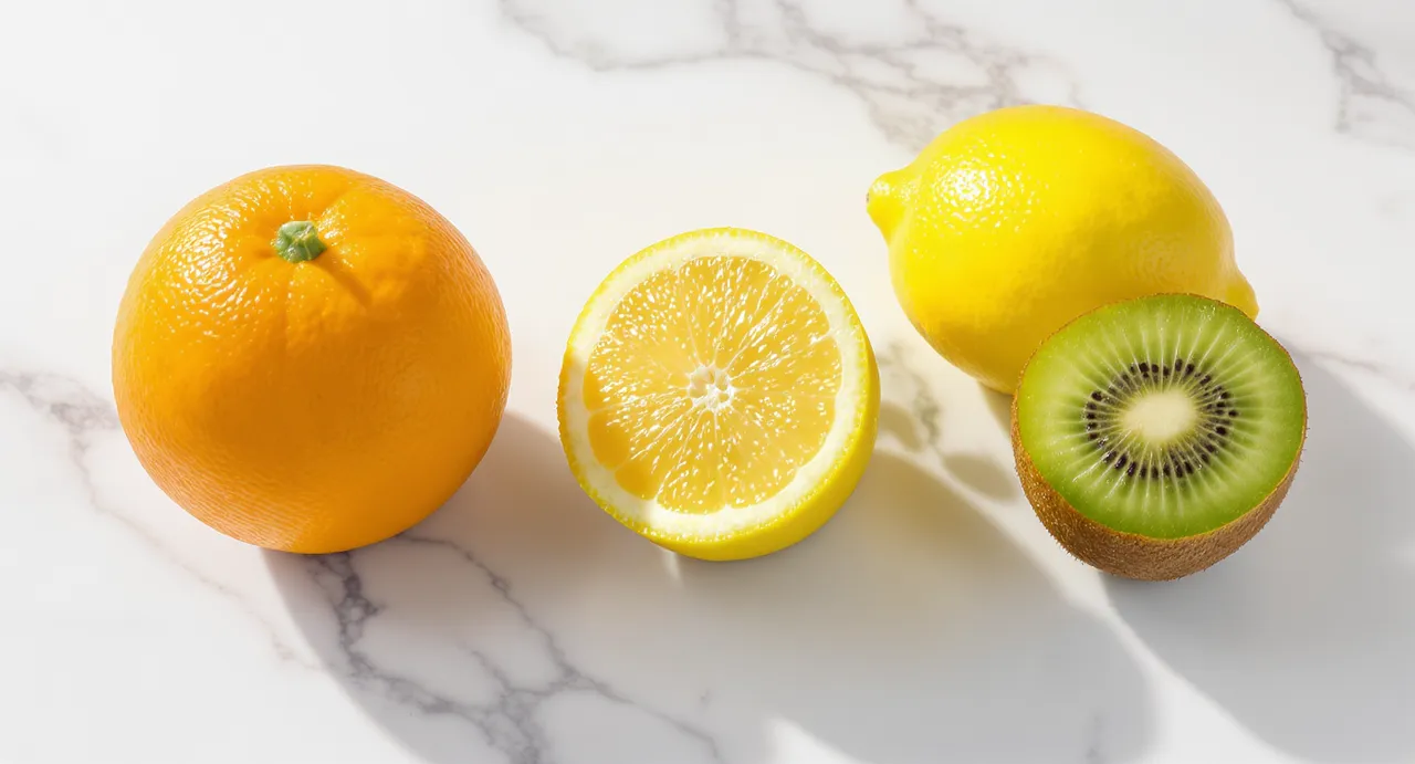 Fruits riches en vitamine C avec éléments nutritionnels colorés