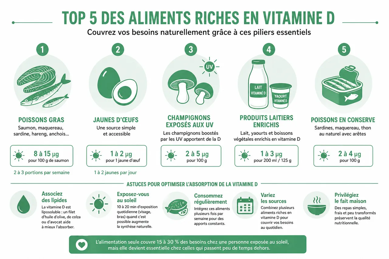 Comment couvrir ses besoins en vitamine D uniquement par l’alimentation sans supplément , Aliments riches en vitamine D et astuces pour optimiser l’absorption
