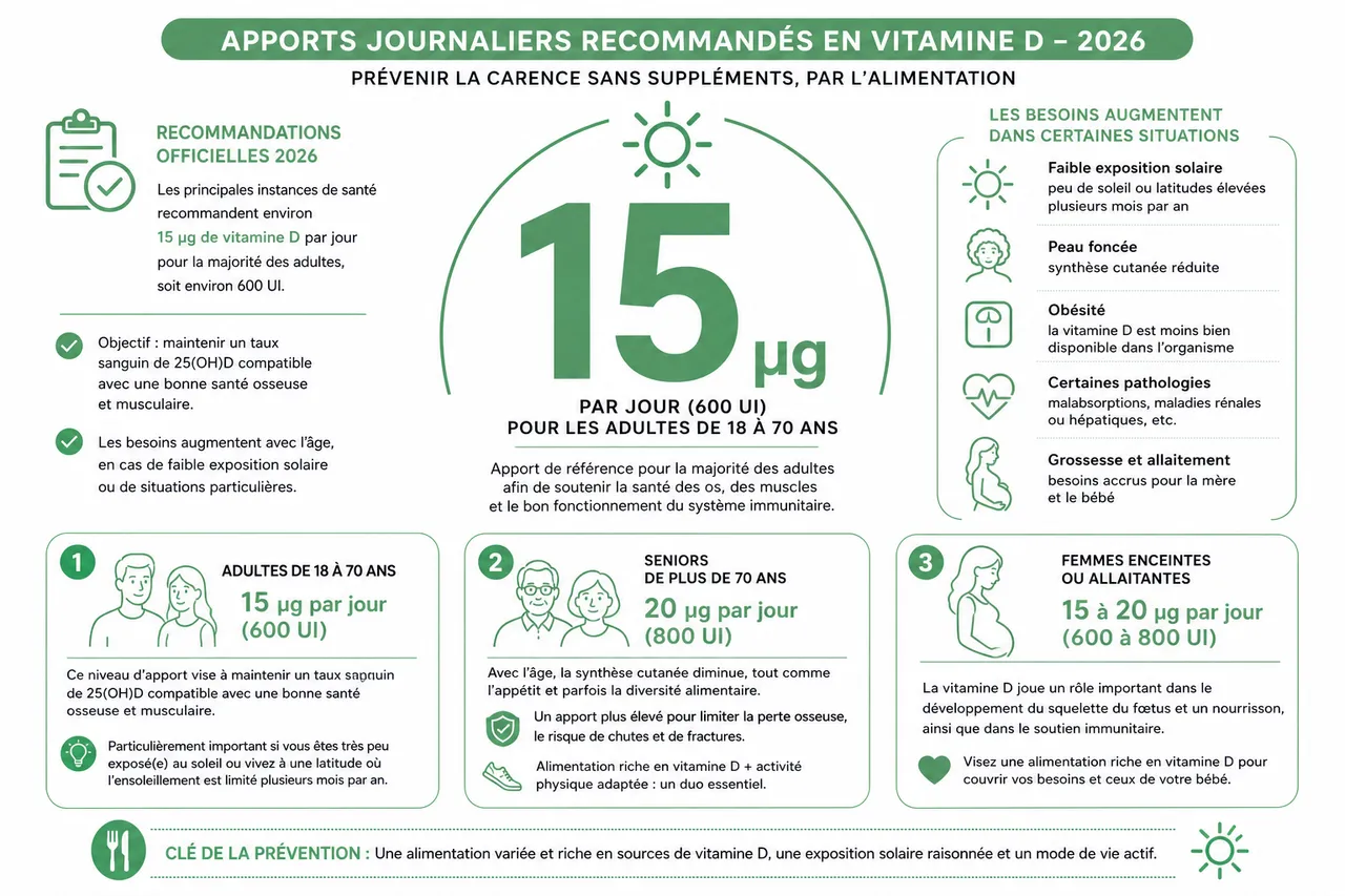 Comment couvrir ses besoins en vitamine D uniquement par l’alimentation sans supplément , Apports journaliers recommandés et prévention de la carence sans suppléments