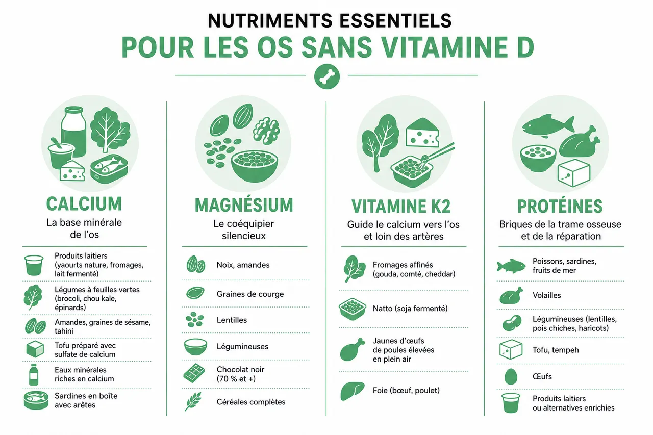 Protéger la santé de vos os sans vitamine D: alimentation, mouvement et habitudes , Nutriments essentiels pour les os sans vitamine D