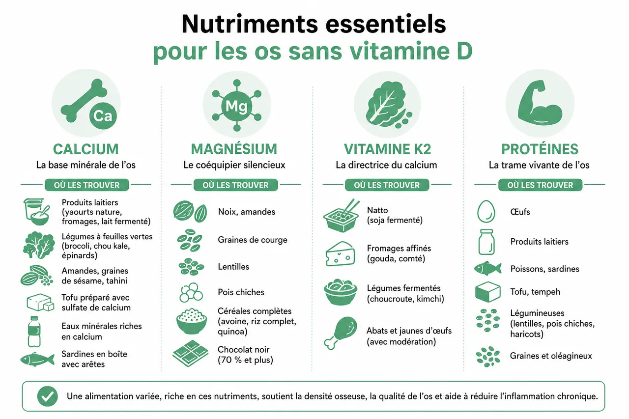 Protéger la santé de vos os sans vitamine D: alimentation, mouvement et habitudes , Nutriments essentiels pour les os sans vitamine D