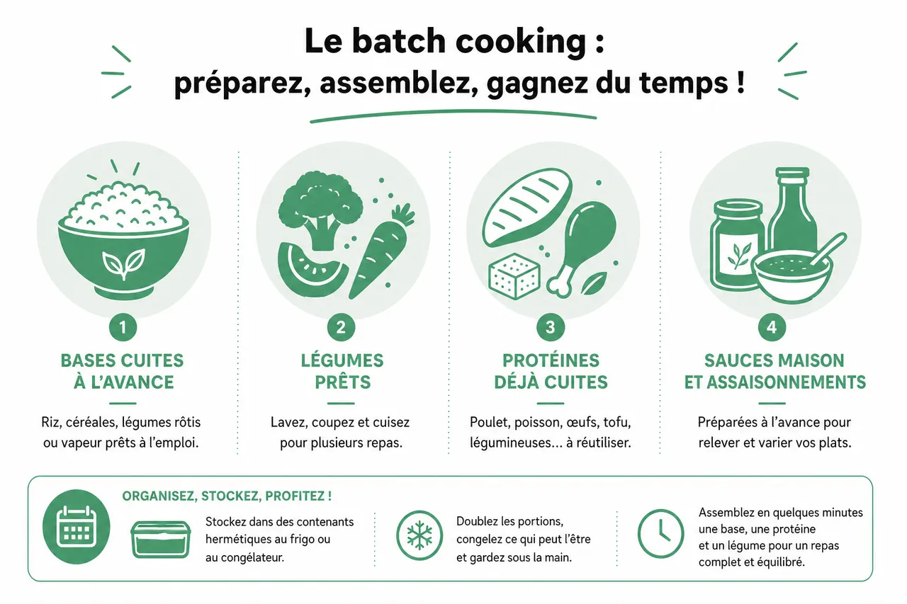 Planifier ses repas sains pour la semaine quand on manque de temps en 2026 , Astuces pour gagner du temps en cuisine avec le batch cooking