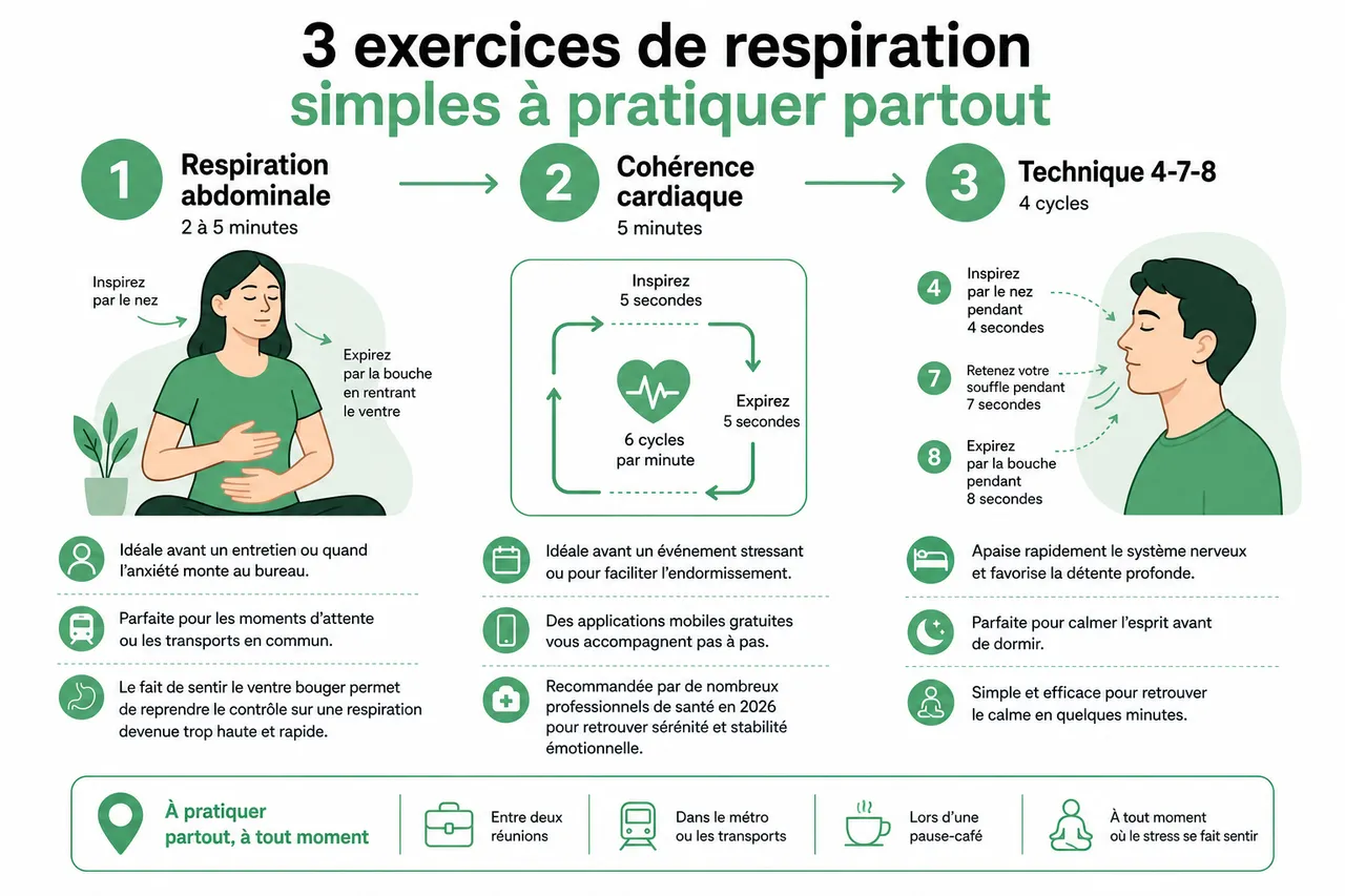 Respiration et gestion du stress: 3 exercices simples à pratiquer partout en 2026 , 3 exercices de respiration simples à pratiquer partout