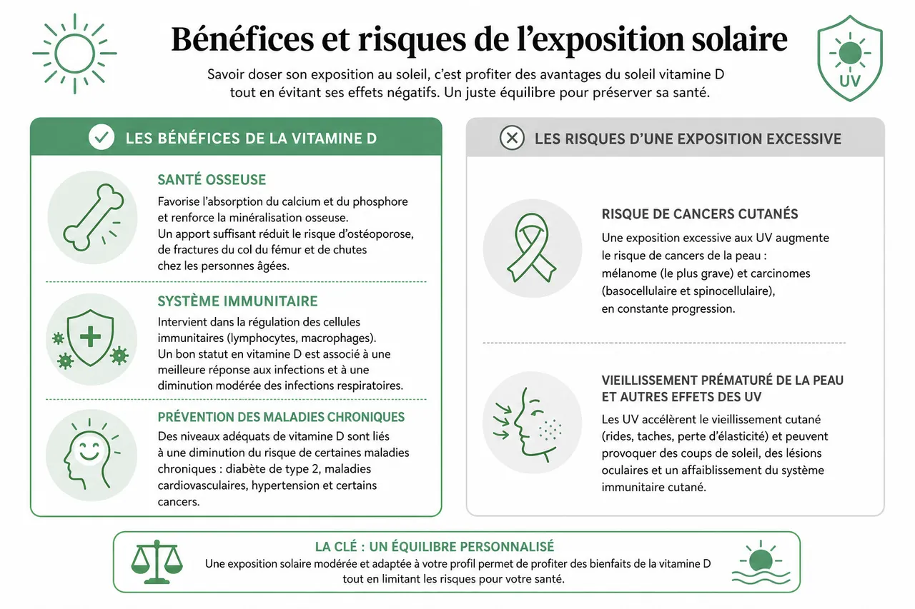 Soleil et vitamine D: comment s’exposer sans risque pour profiter au mieux de la « vitamine du soleil » , Bénéfices et risques de l’exposition solaire