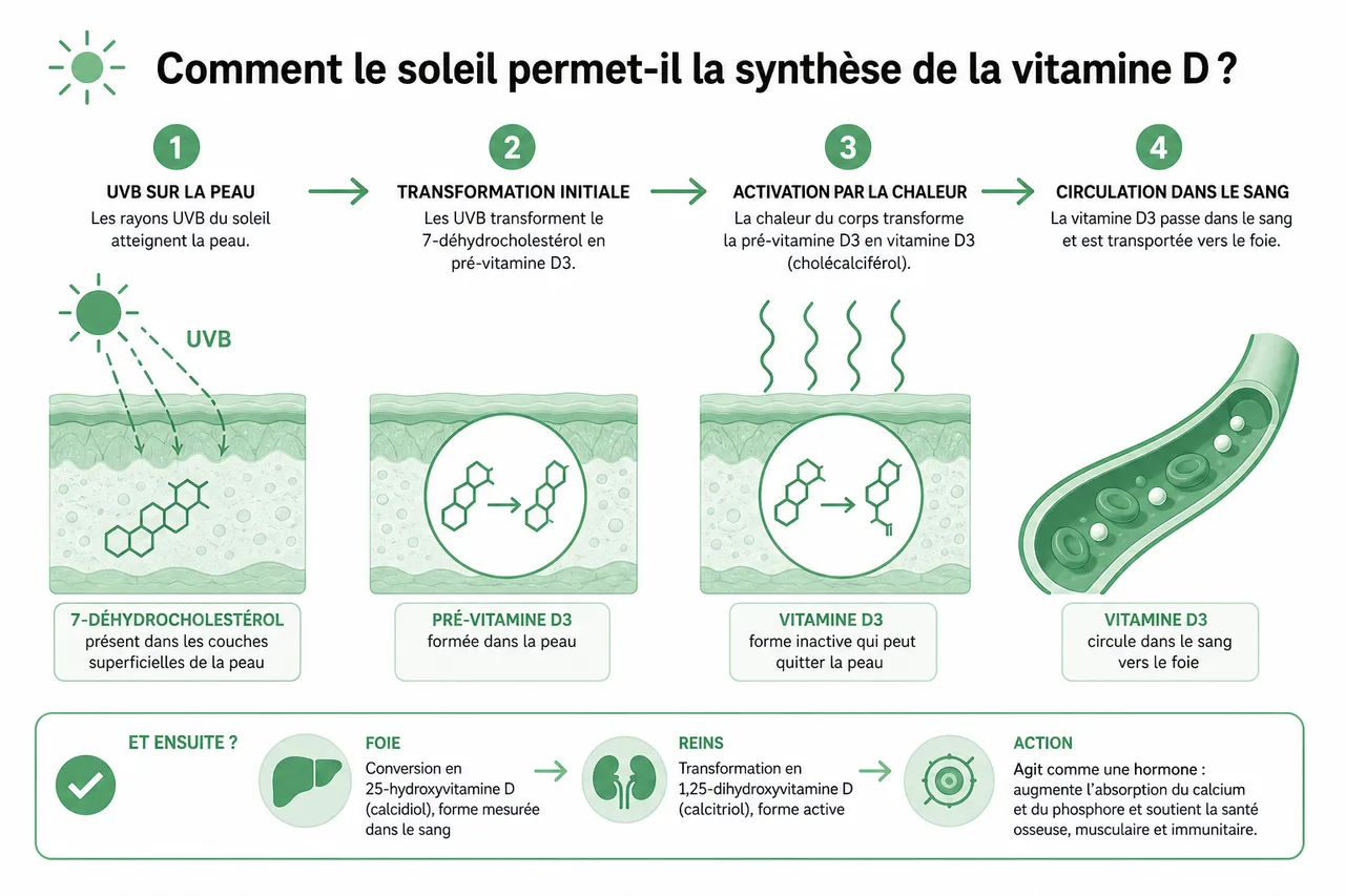 Soleil et vitamine D: comment s’exposer sans risque pour profiter au mieux de la « vitamine du soleil » , Comment le soleil permet-il la synthèse de la vitamine D?