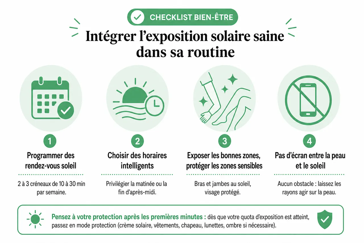 Soleil et vitamine D: comment s’exposer sans risque pour profiter au mieux de la « vitamine du soleil » , Checklist bien-être: intégrer l’exposition solaire saine dans sa routine