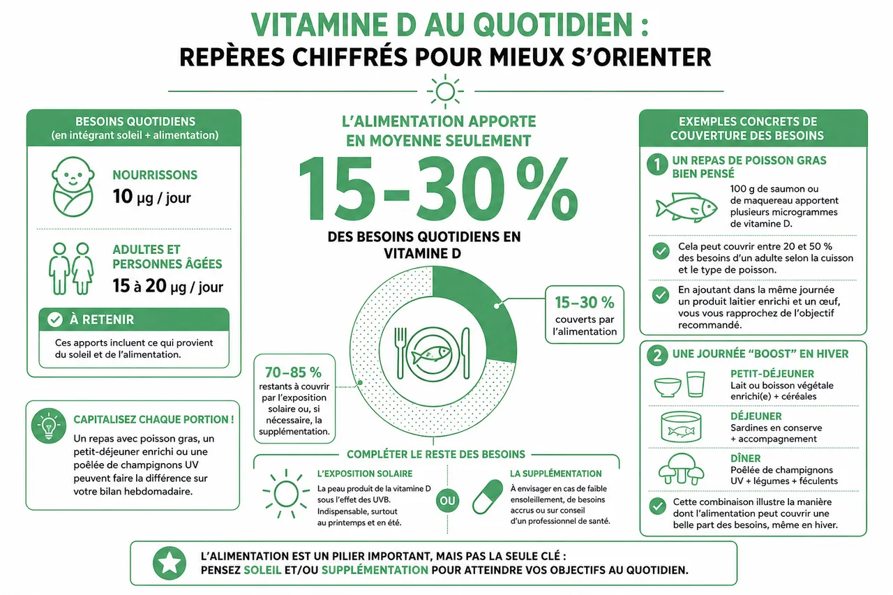 Vitamine D et aliments: où la trouver dans votre assiette au quotidien , Vitamine D au quotidien: repères chiffrés pour mieux s’orienter