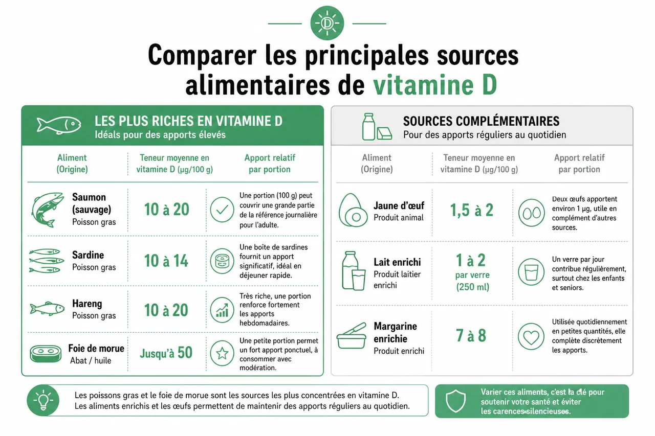 5 aliments riches en vitamine D pour soutenir votre santé (et éviter les carences silencieuses) , Comparer les principales sources alimentaires de vitamine D