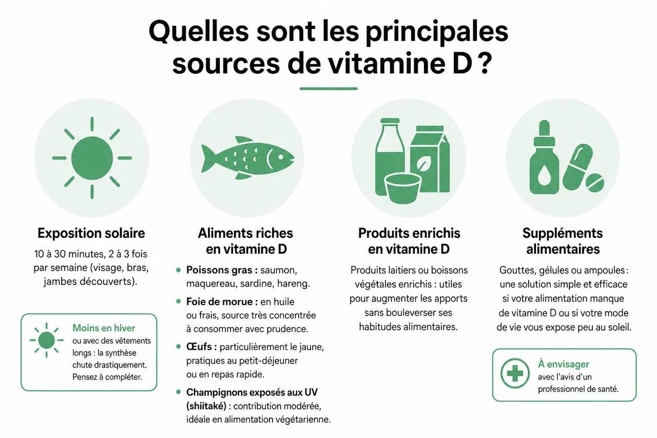 Vitamine D en 2026: bienfaits, carences et apports recommandés , Quelles sont les principales sources de vitamine D?