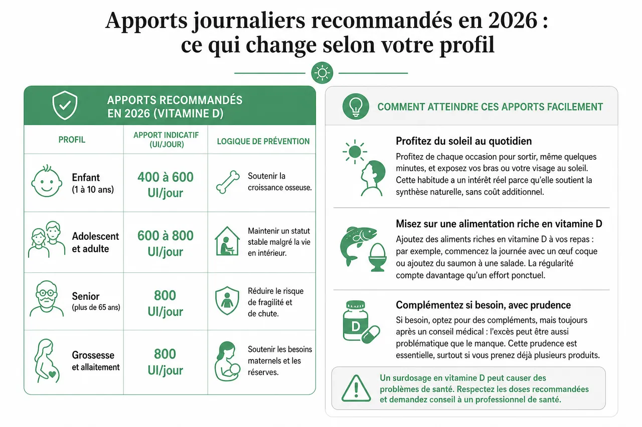 Vitamine D en 2026: bienfaits, carences et apports recommandés , Apports journaliers recommandés en 2026: ce qui change selon votre profil