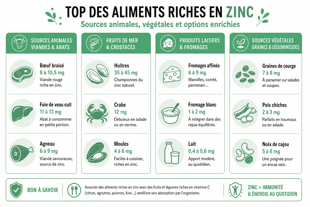 Alimentation riche en zinc: quels aliments privilégier pour l’immunité et l’énergie? , Top des aliments riches en zinc: sources animales et végétales