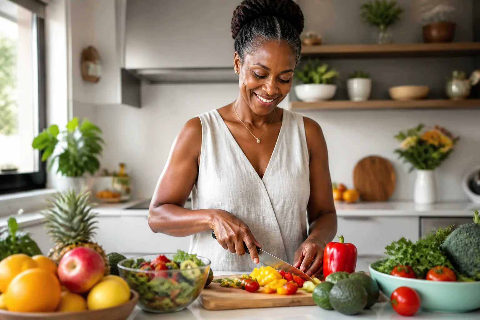 Femme menopausée équilibrant alimentation pour atténuer bouffées chaleur