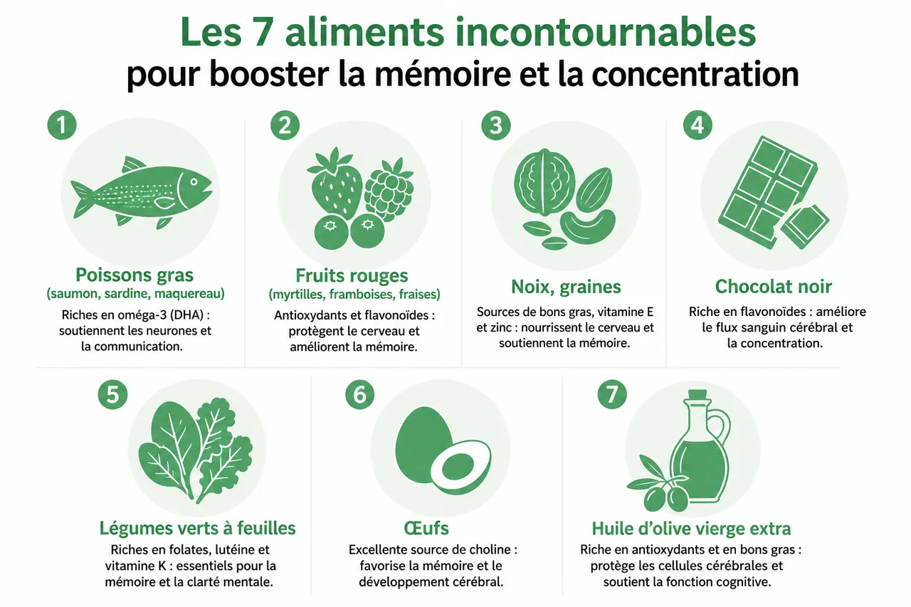 Aliments pour le cerveau et 7 choix intelligents pour mémoire, concentration et clarté mentale , Les 7 aliments incontournables pour booster la mémoire et la concentration