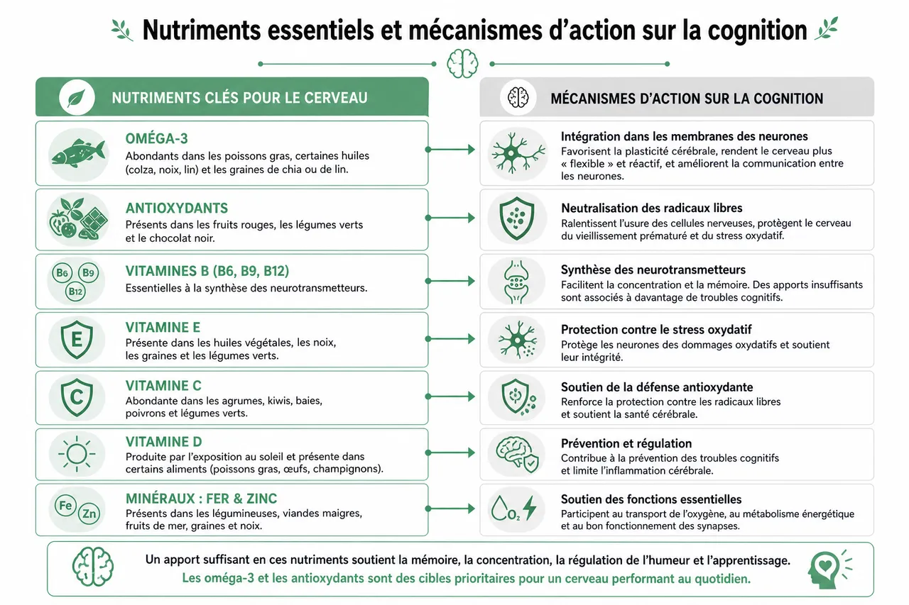 Aliments pour le cerveau et 7 choix intelligents pour mémoire, concentration et clarté mentale , Nutriments essentiels et mécanismes d’action sur la cognition