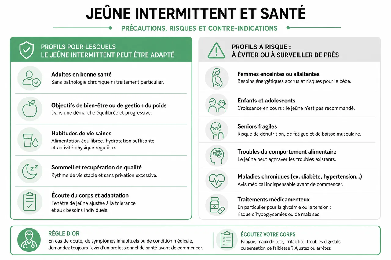 Jeûne intermittent et santé avec avantages, précautions et erreurs fréquentes à éviter , Précautions, risques et contre-indications du jeûne intermittent
