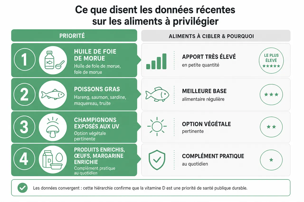 Vitamine D: quels aliments en contiennent vraiment? , Ce que disent les données récentes sur les aliments à privilégier