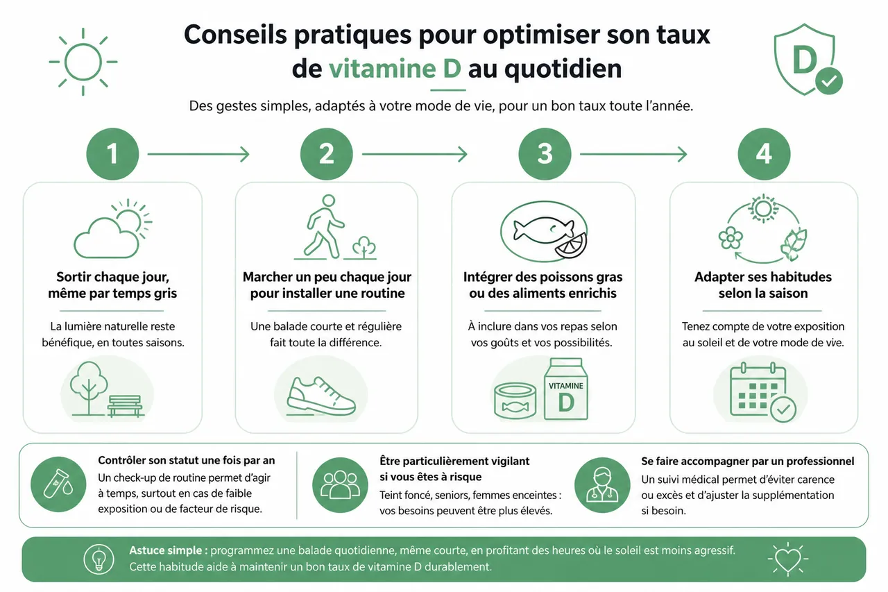 Vitamine D en 2026: ce qu’il faut savoir pour éviter les erreurs les plus courantes , Conseils pratiques pour optimiser son taux de vitamine D au quotidien