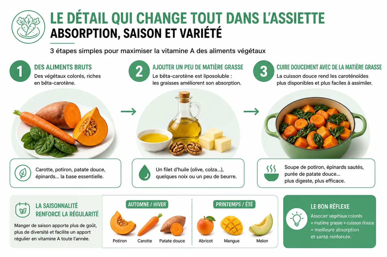 Vitamine A dans les aliments et l’intérêt d’un bon équilibre avec la vitamine C , Le détail qui change tout dans l’assiette: absorption, saison et variété