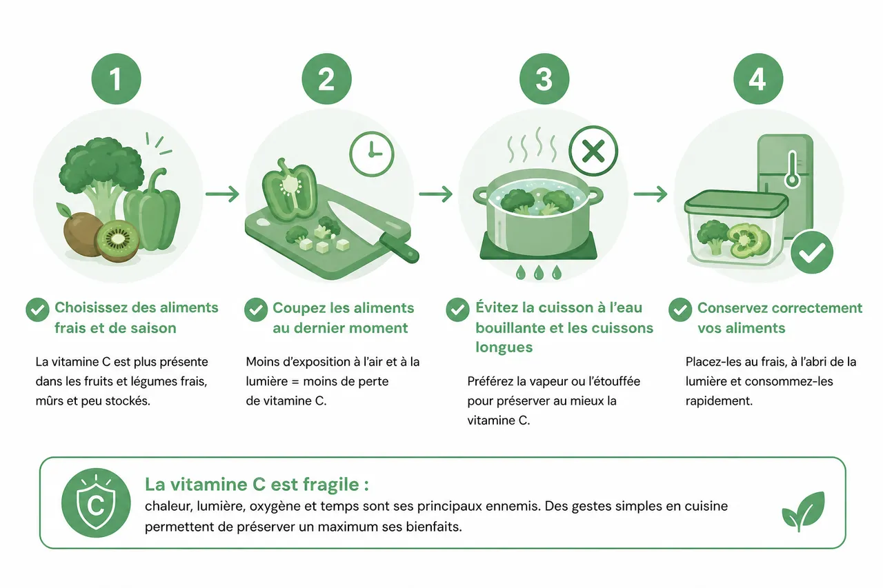 Quels aliments apportent le plus de vitamine C? , Comment préserver la vitamine C lors de la préparation des aliments?