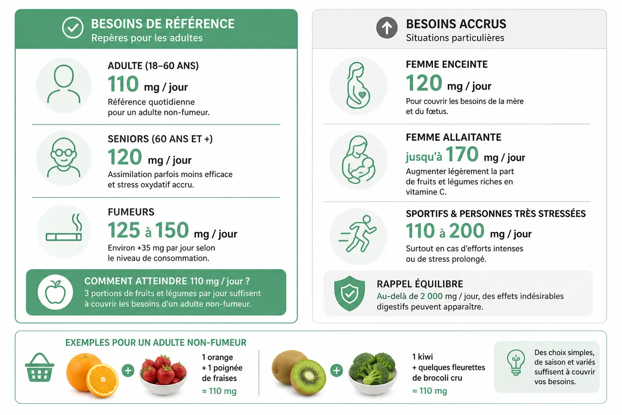 Vitamine C: les bénéfices réels, les besoins et les excès à éviter , Apport journalier recommandé, carence et excès: trouver le bon équilibre