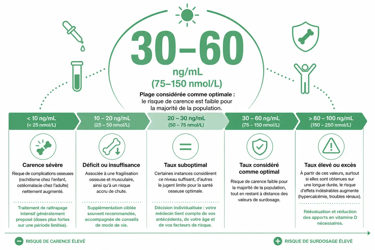 Dosage de vitamine D: quand le faire et comment lire les résultats? , Interprétation des résultats: valeurs normales et significations