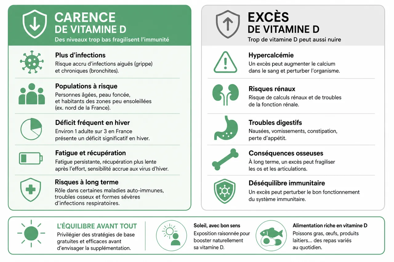 Vitamine D et immunité ce que la recherche confirme vraiment , Carence et excès de vitamine D: quels impacts sur l’immunité?
