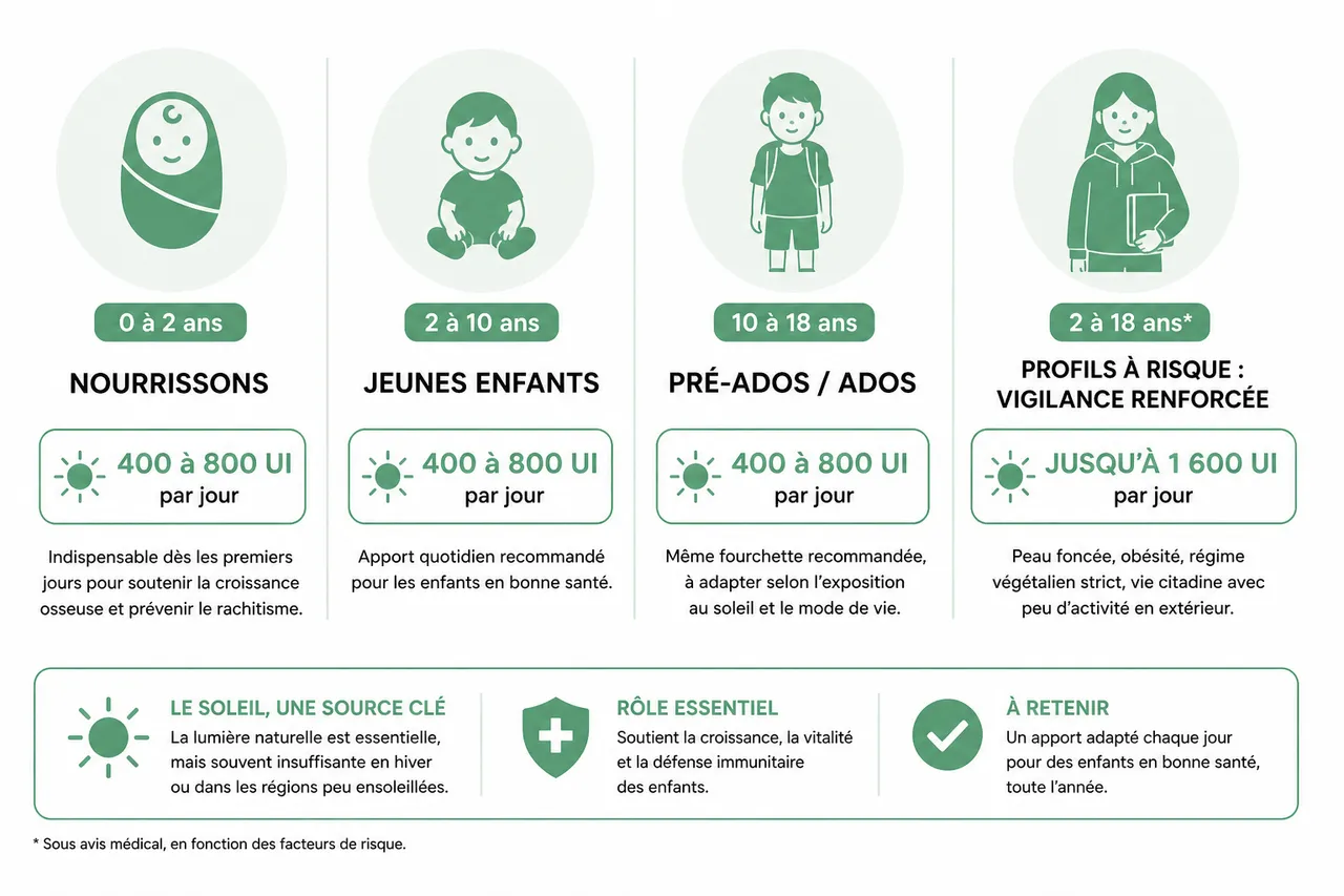 Vitamine D chez l’enfant besoins, vigilance et repères utiles , Besoins quotidiens et recommandations officielles selon l’âge