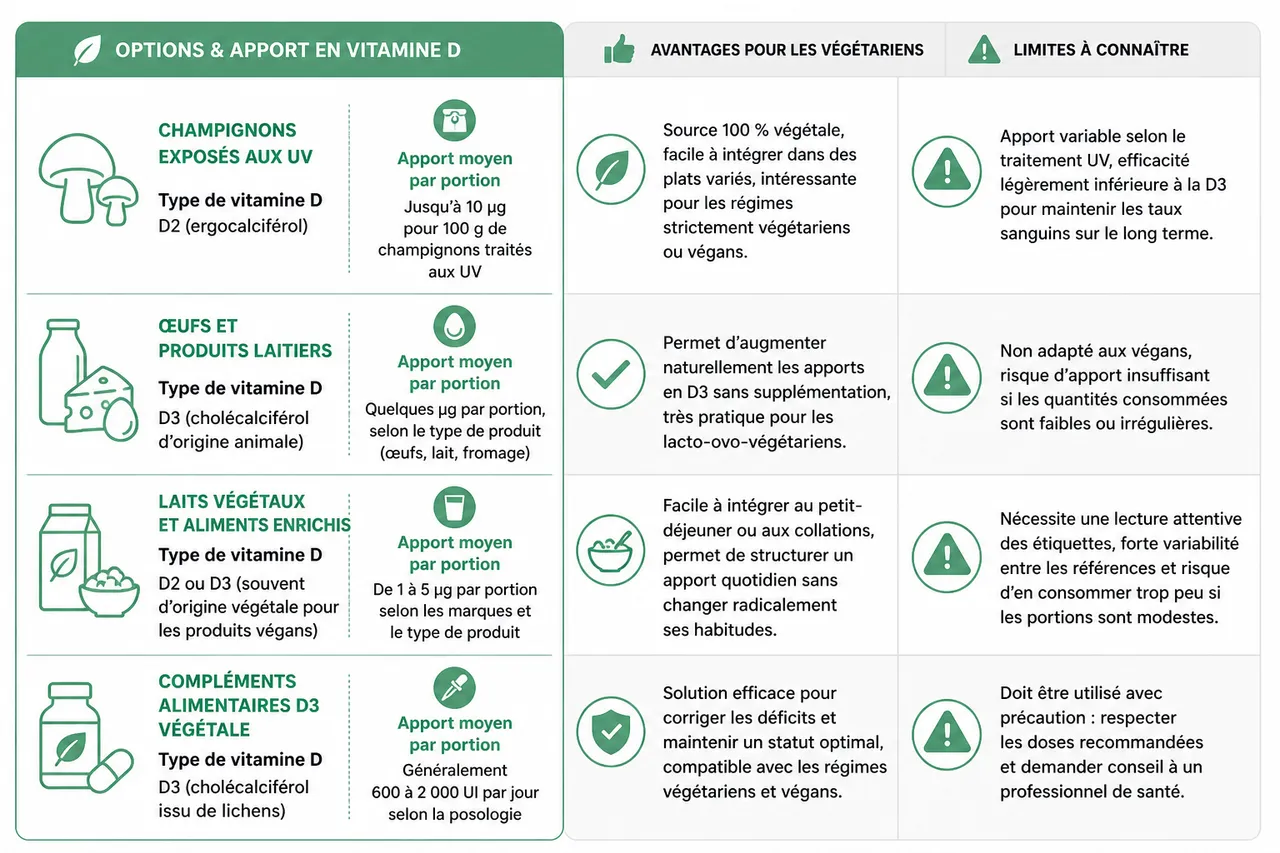 Vitamine D en alimentation végétarienne où trouver des sources fiables? , Comparer les principales options d’apport en vitamine D