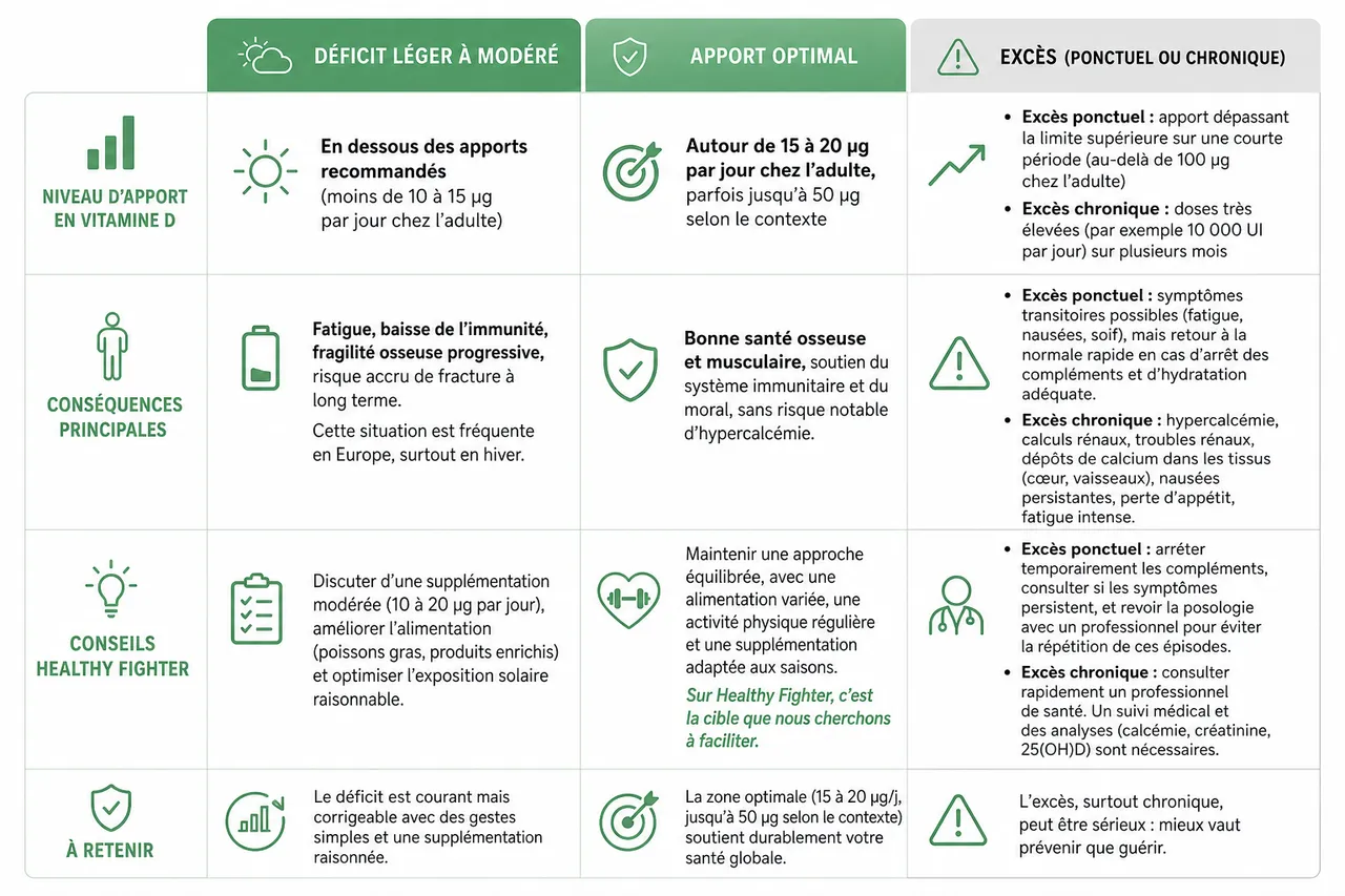 Excès de vitamine D les risques réels à ne pas banaliser , Résumé pratique: comparer déficit, apport optimal et excès