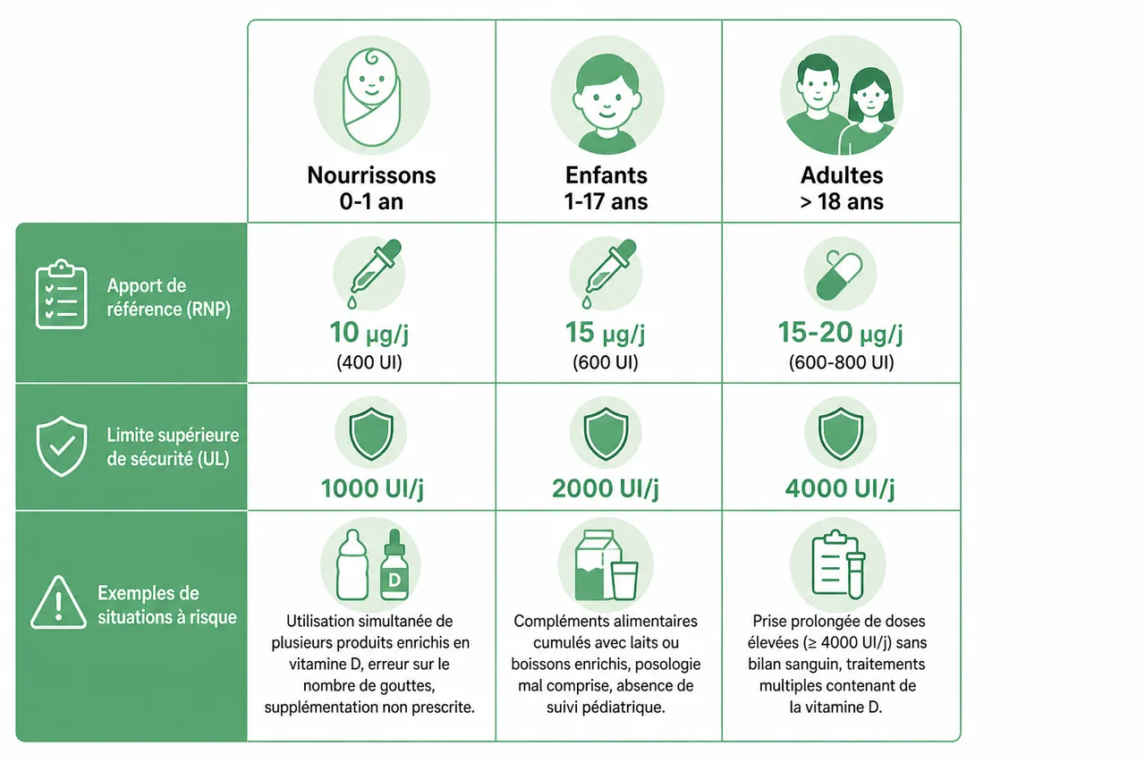 Excès de vitamine D les risques réels à ne pas banaliser , Tableau récapitulatif des apports et limites de sécurité