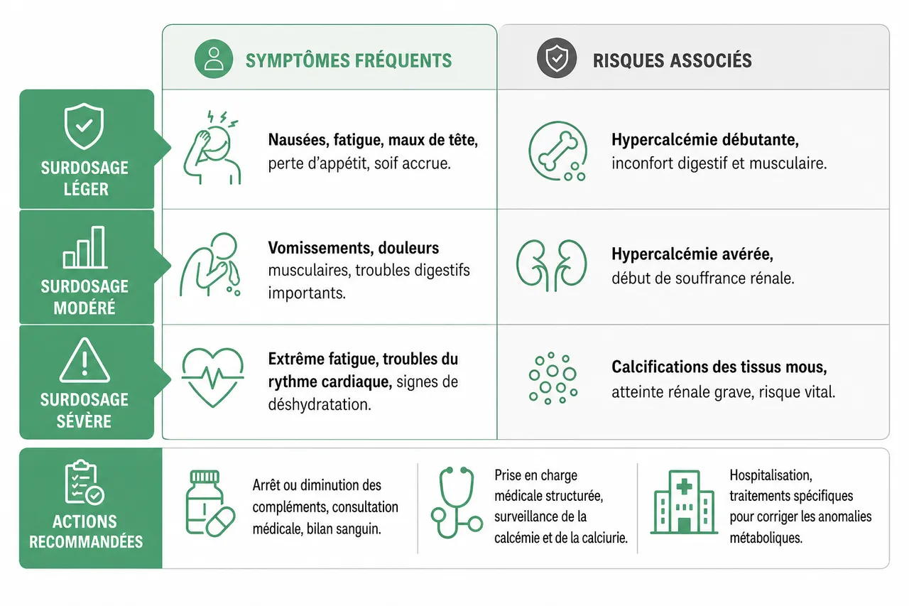 Excès de vitamine D les risques réels à ne pas banaliser , Tableau synthétique des principaux symptômes et risques
