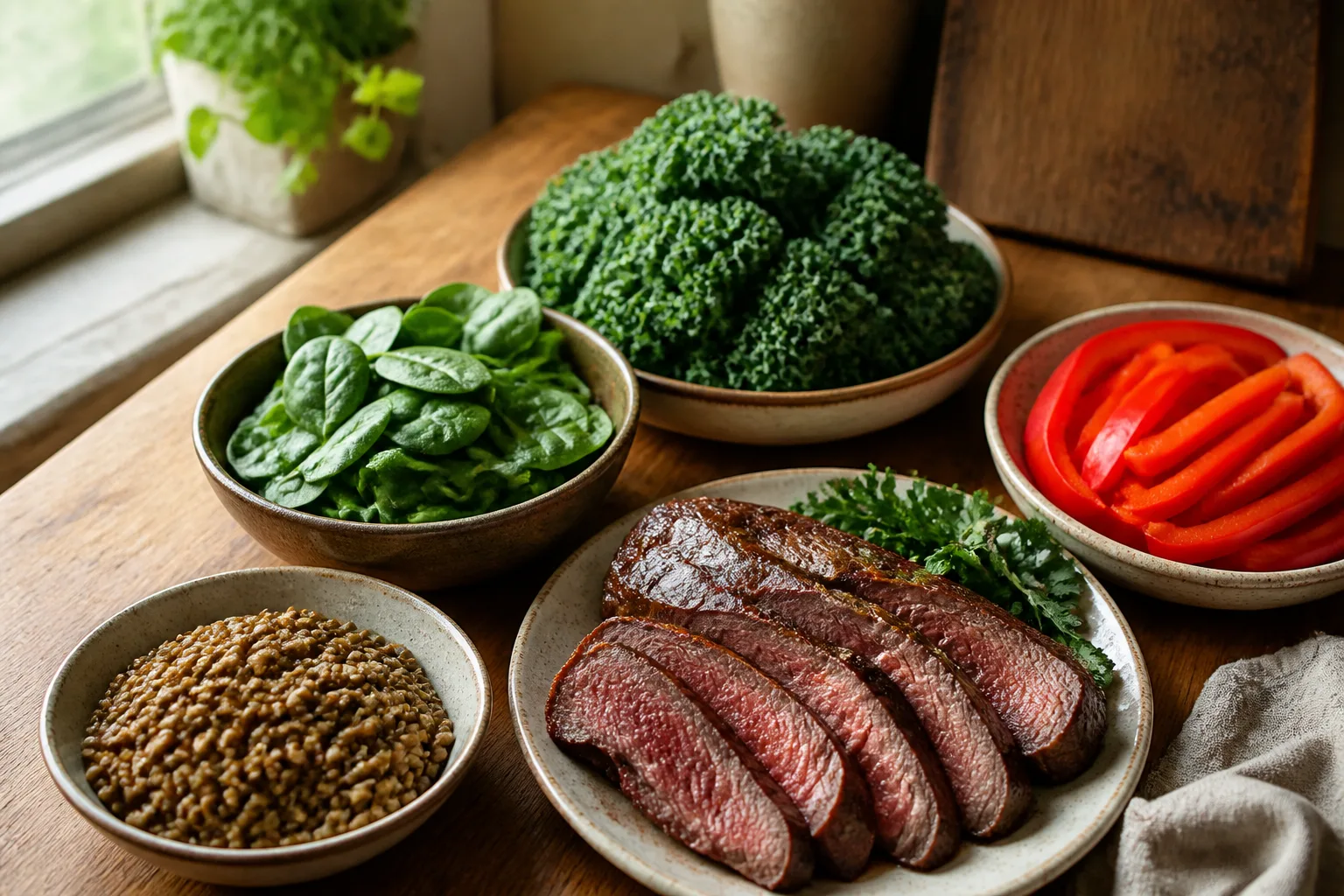 Aliments riches en fer dans un panier de produits sains