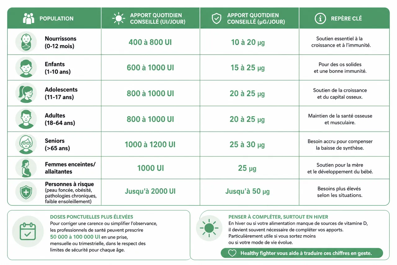 Vitamine D quelle posologie sans se tromper? , Tableau des recommandations officielles de posologie selon l’âge et les situations