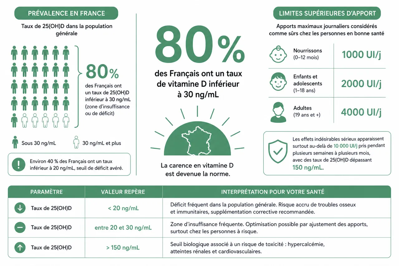 Vitamine D quelle posologie sans se tromper? , Comprendre les chiffres: carence fréquente et limites de sécurité