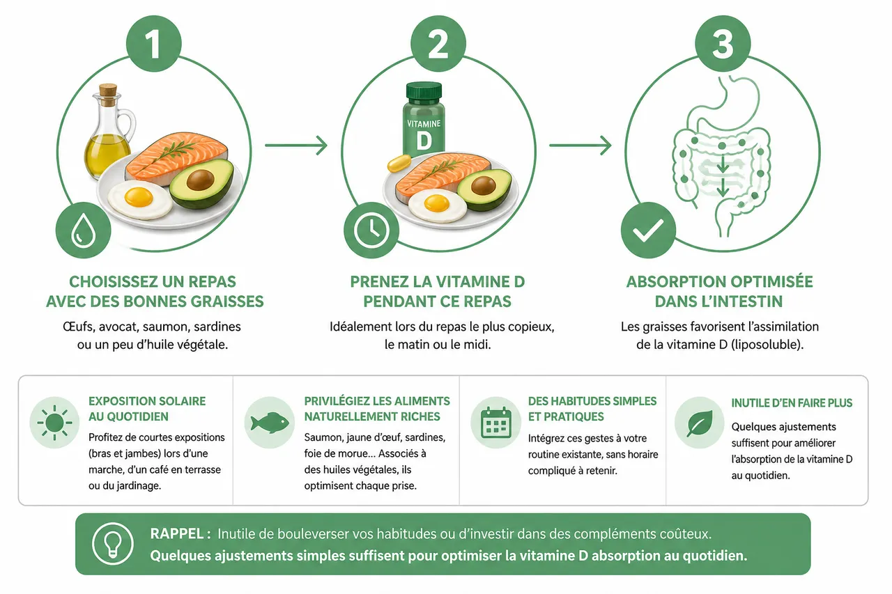 Comment mieux absorber la vitamine D sans compliquer sa routine? , Quelles habitudes simples pour améliorer l’absorption de la vitamine D?