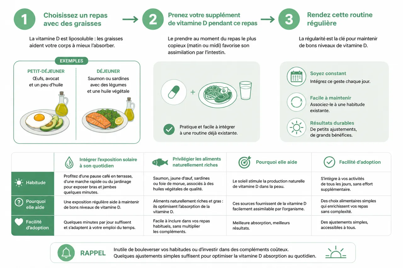 Comment mieux absorber la vitamine D sans compliquer sa routine? , Quelles habitudes simples pour améliorer l’absorption de la vitamine D?