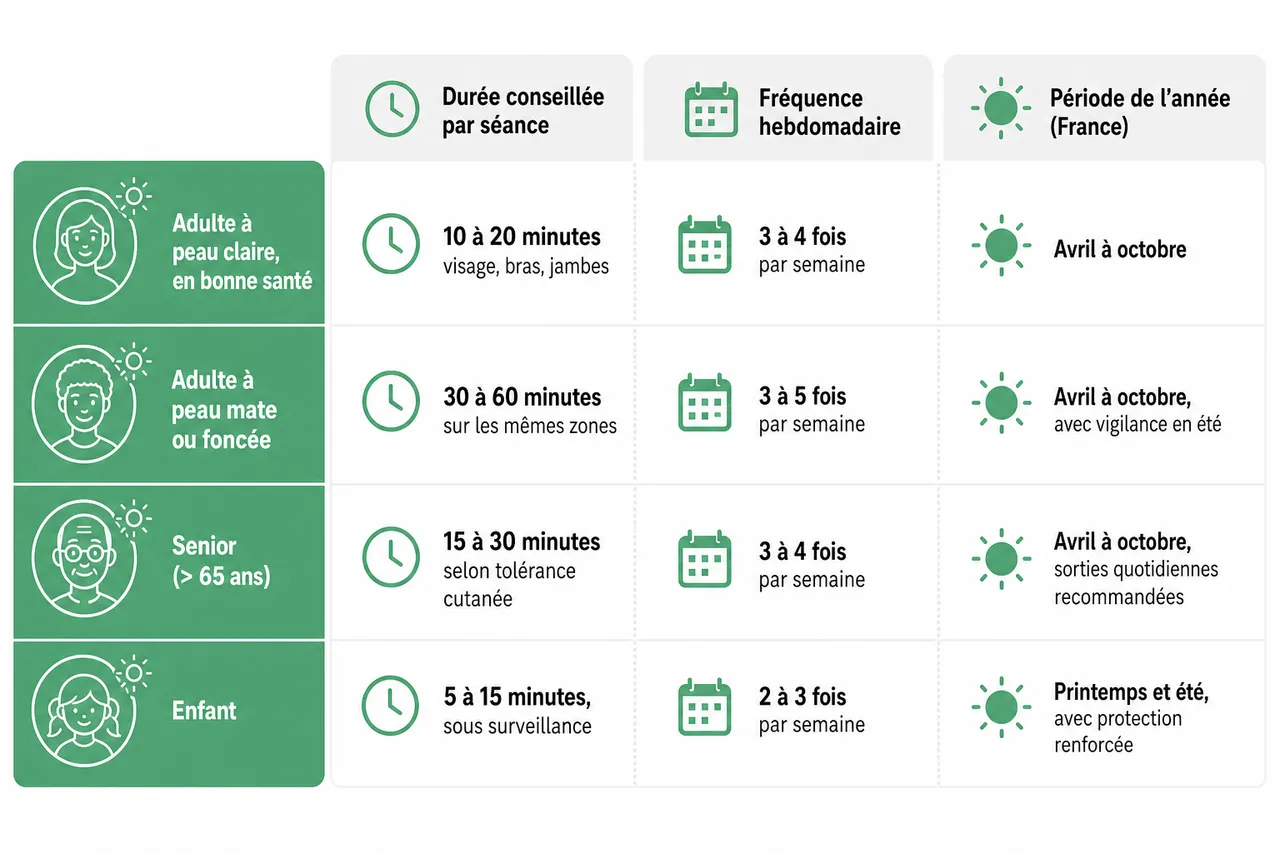 Comment optimiser votre exposition solaire pour la production de vitamine D , Tableau comparatif des durées d’exposition selon les profils