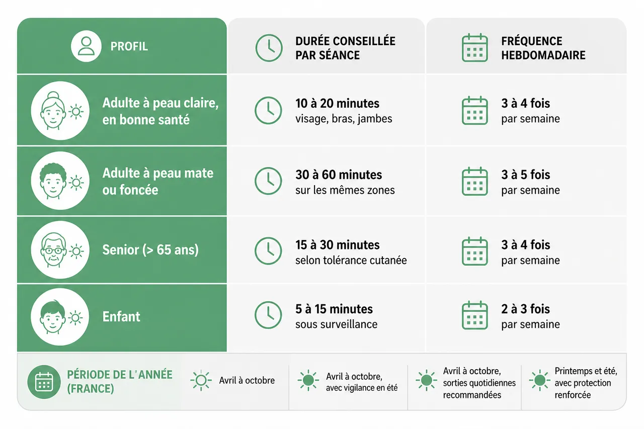 Comment optimiser votre exposition solaire pour la production de vitamine D , Tableau comparatif des durées d’exposition selon les profils