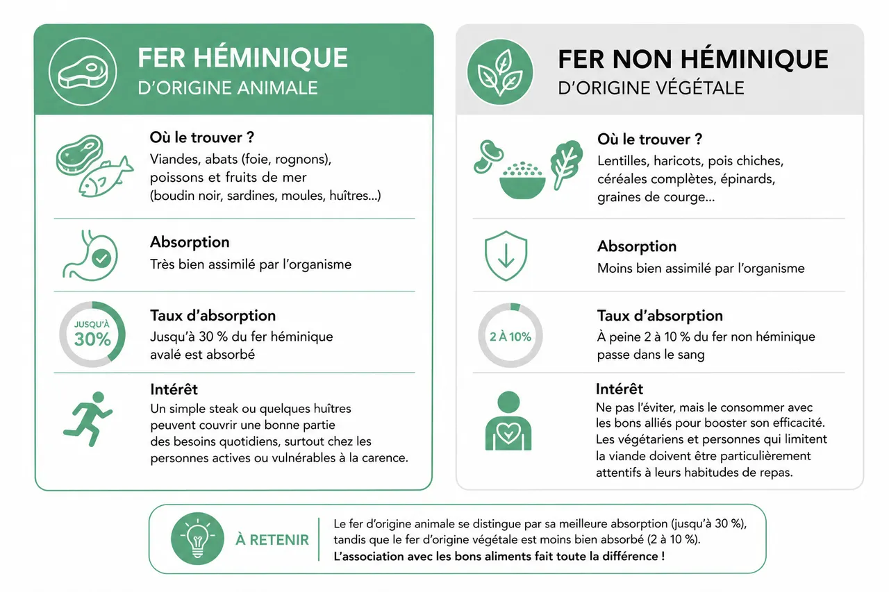 Les aliments riches en fer: comment éviter les erreurs et optimiser leur absorption , Fer héminique vs fer non héminique: comprendre les différences