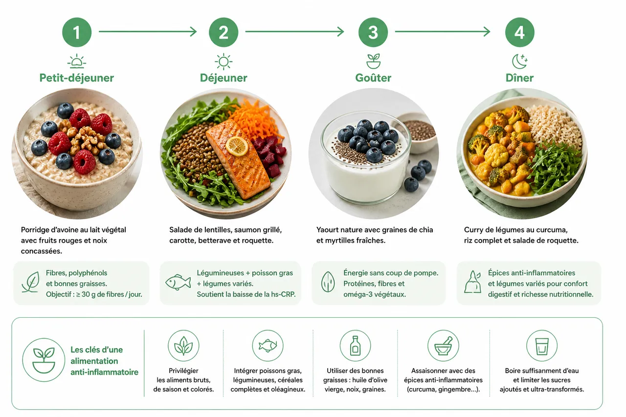 Alimentation anti-inflammatoire: conseils concrets pour réduire douleurs et inflammations , Exemples de menus et idées de recettes anti-inflammatoires