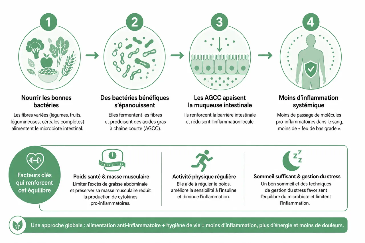 Alimentation anti-inflammatoire: conseils concrets pour réduire douleurs et inflammations , Au-delà de l’assiette: microbiote, poids et hygiène de vie