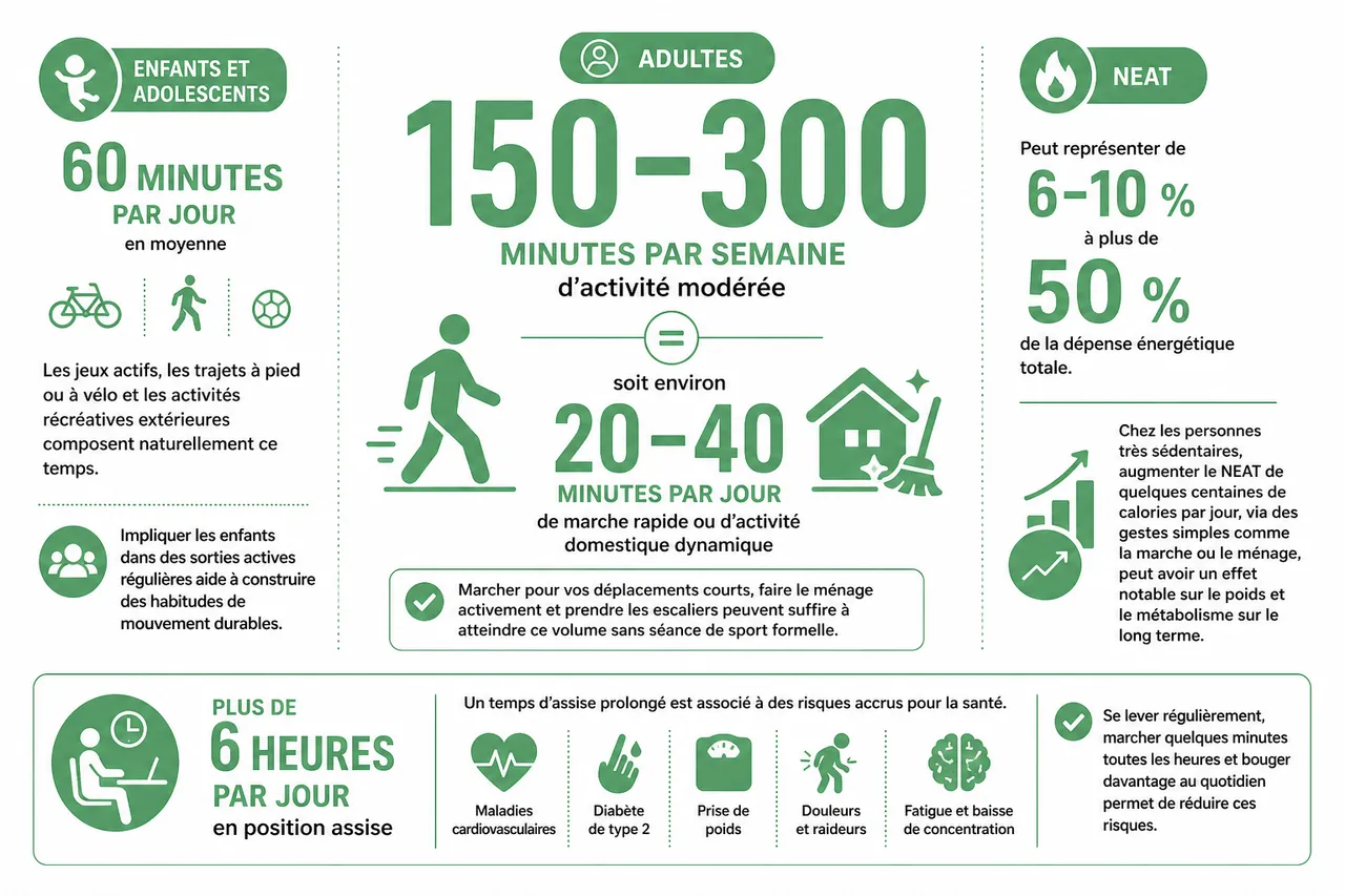 Comment bouger plus chaque jour sans faire de sport formel en 2026 , Données clés sur l’activité quotidienne sans sport et la sédentarité