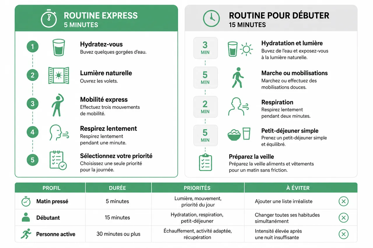 Routine matinale pour un bien-être optimal: 6 gestes simples en 2026 , Exemples de routines matinales adaptées à chaque profil