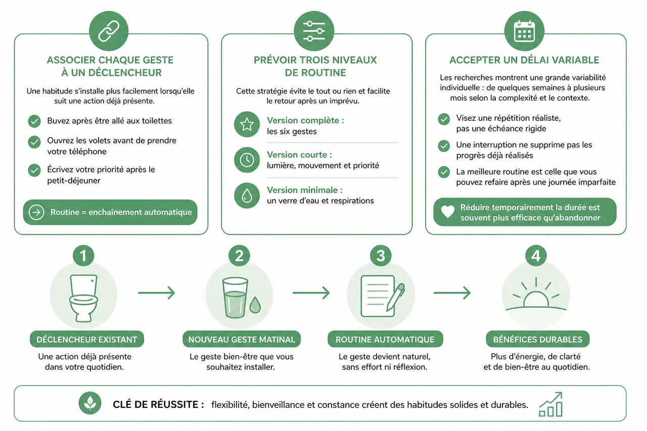 Routine matinale pour un bien-être optimal: 6 gestes simples en 2026 , Intégrer la routine dans la durée sans culpabiliser