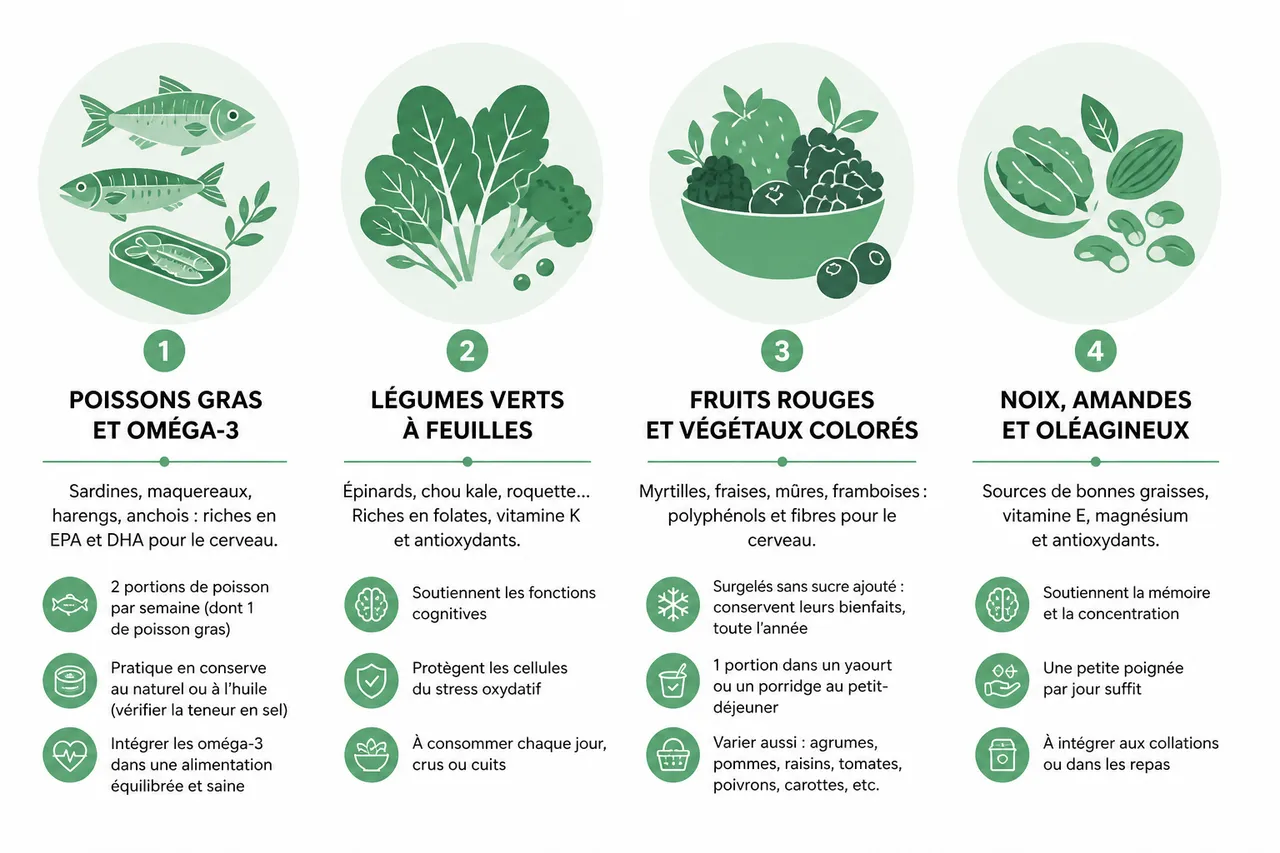 Les aliments clés pour stimuler votre cerveau et votre mémoire en 2026 , Les aliments stars pour soutenir la mémoire et la concentration