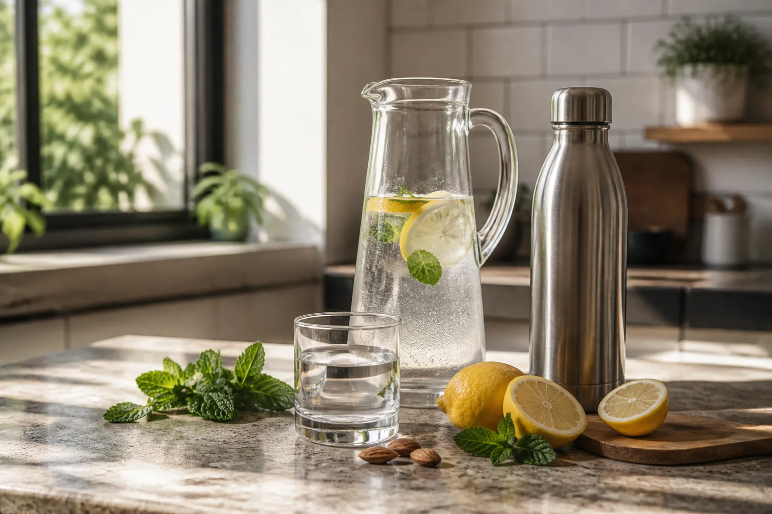 Verre d'eau et bouteille d'eau pour hydratation quotidienne saine