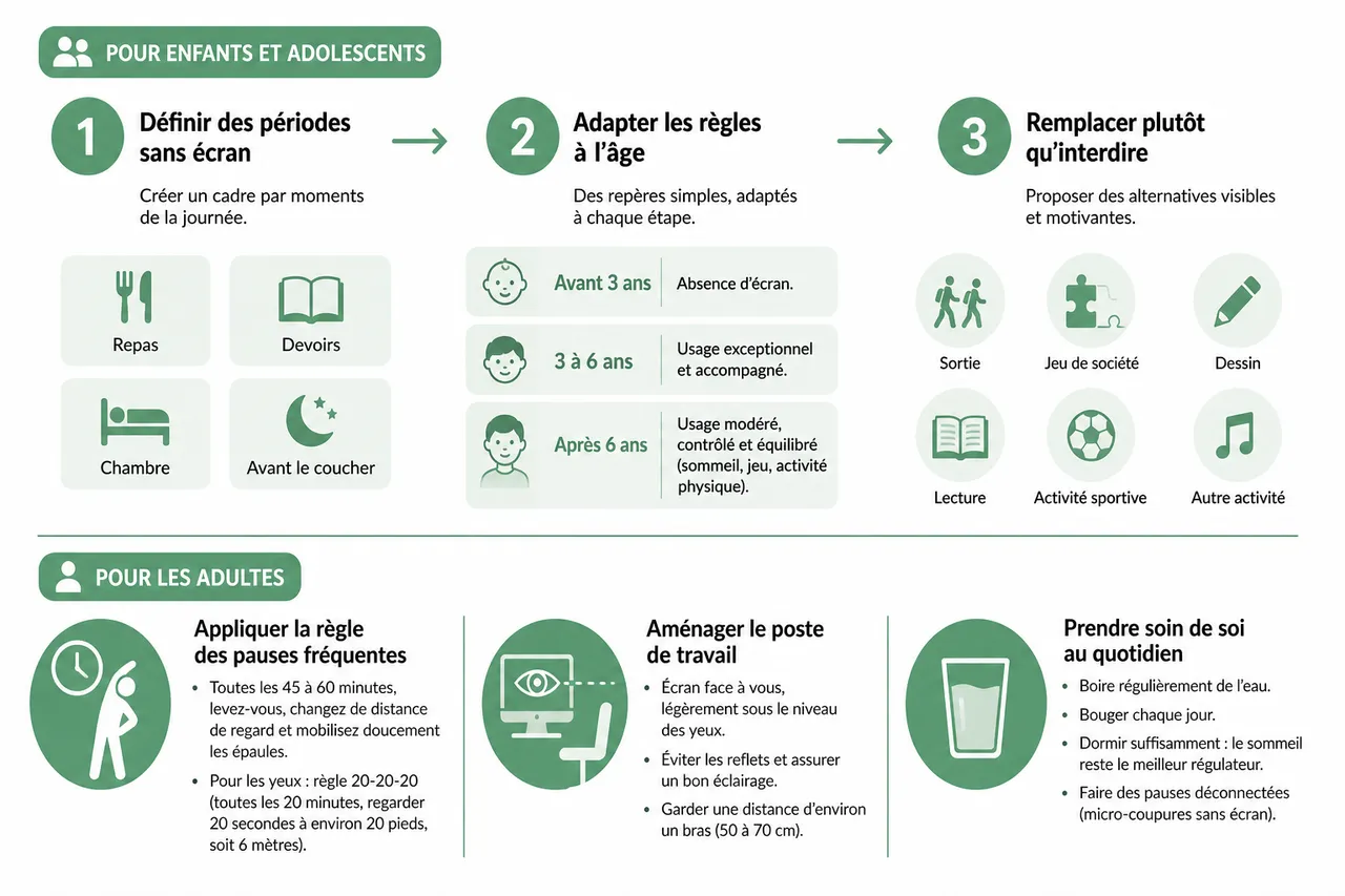 Signaux d’alerte liés à l’exposition excessive aux écrans en 2026: comment agir? , Conseils pratiques pour limiter l’exposition et instaurer de saines habitudes numériques
